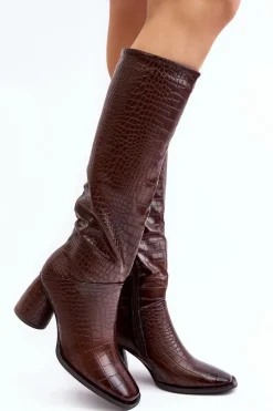 Damskie Kozaki Do Kolana Na Słupku Wężowy Wzór Brązowe Ceriona