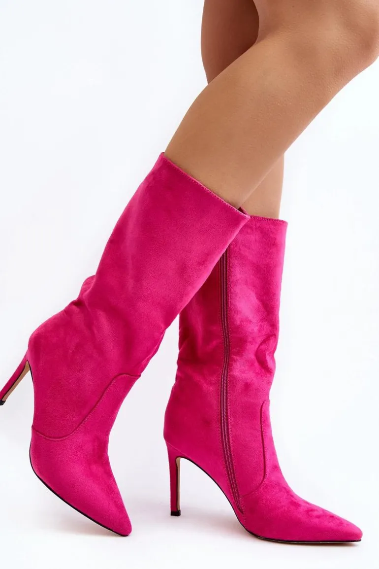 Damskie Kozaki Do Połowy Łydki Na Szpilce Fuksja Odetteia