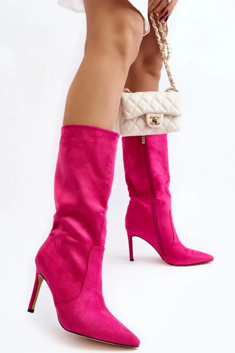 Damskie Kozaki Do Połowy Łydki Na Szpilce Fuksja Odetteia