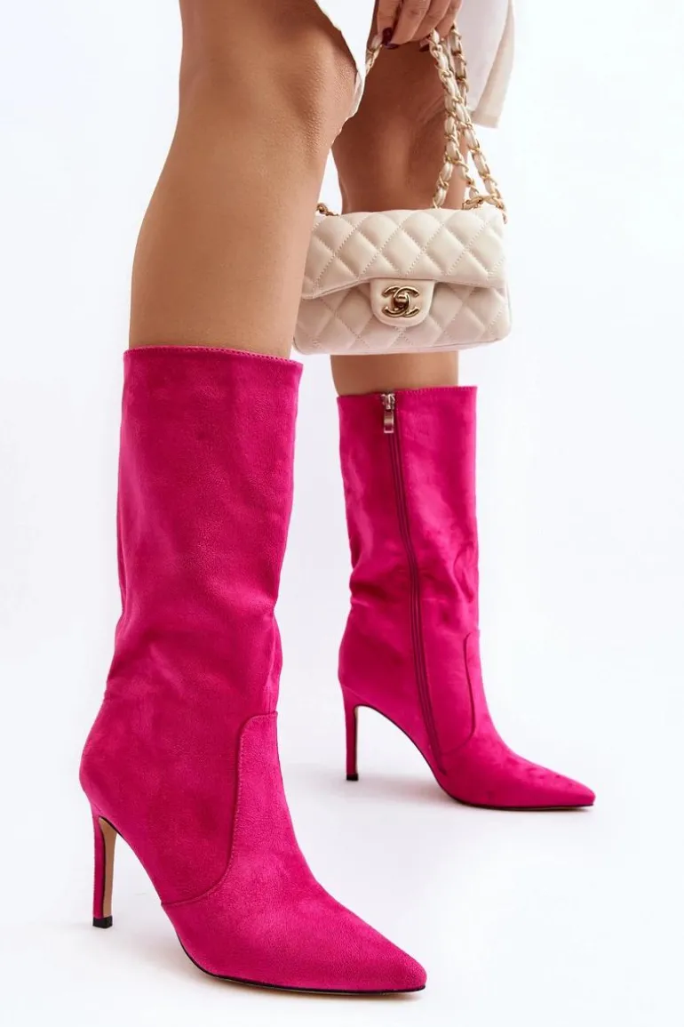 Damskie Kozaki Do Połowy Łydki Na Szpilce Fuksja Odetteia