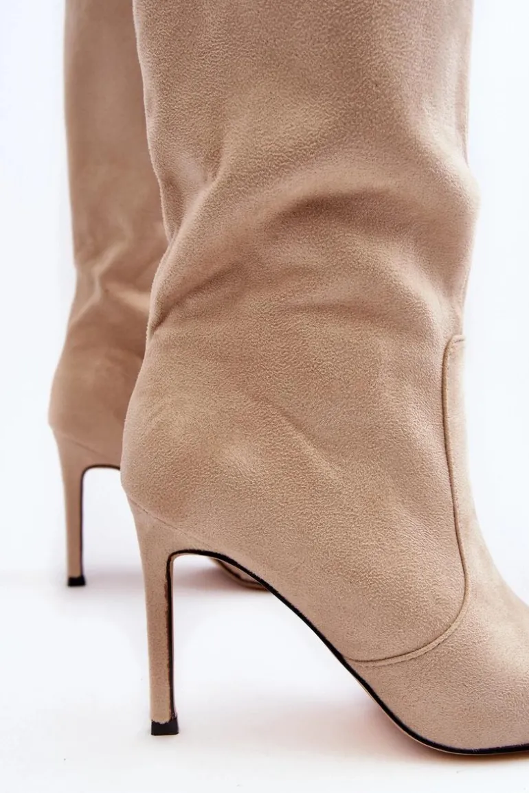 Damskie Kozaki Do Połowy Łydki Na Szpilce Beżowe Odetteia