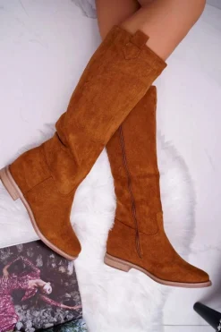 Damskie Kozaki Do Połowy Łydki Zamszowe Camel Temet