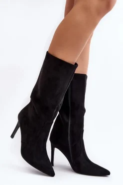 Damskie Kozaki Do Połowy Łydki Na Szpilce Czarne Odetteia