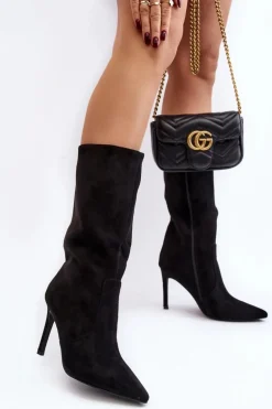 Damskie Kozaki Do Połowy Łydki Na Szpilce Czarne Odetteia