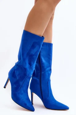 Damskie Kozaki Do Połowy Łydki Na Szpilce Niebieskie Odetteia