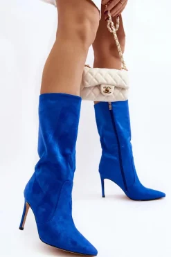 Damskie Kozaki Do Połowy Łydki Na Szpilce Niebieskie Odetteia