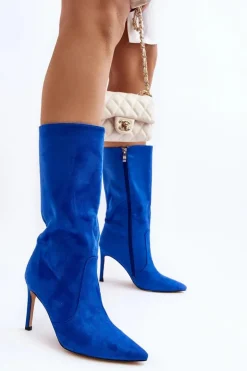 Damskie Kozaki Do Połowy Łydki Na Szpilce Niebieskie Odetteia