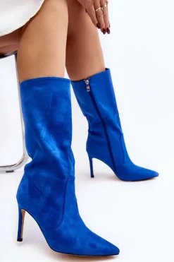 Damskie Kozaki Do Połowy Łydki Na Szpilce Niebieskie Odetteia