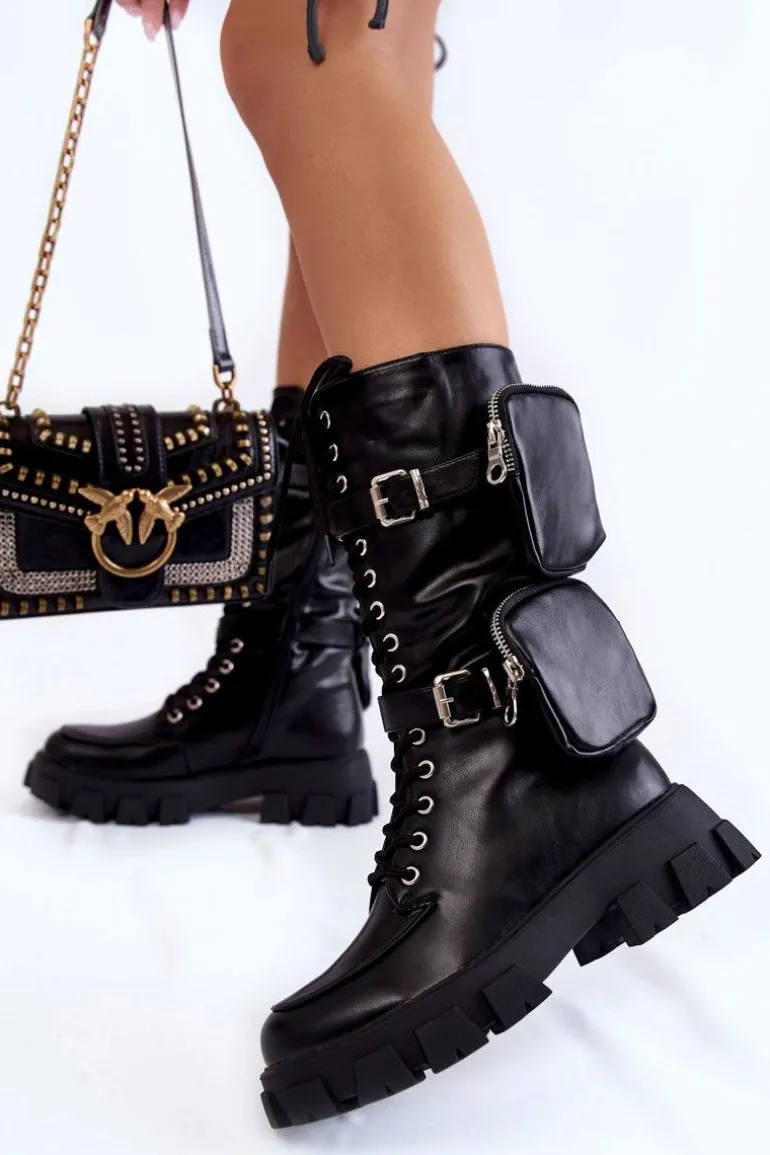 Damskie Kozaki Glany Sznurowane Z Nerkami Czarne Mirrano