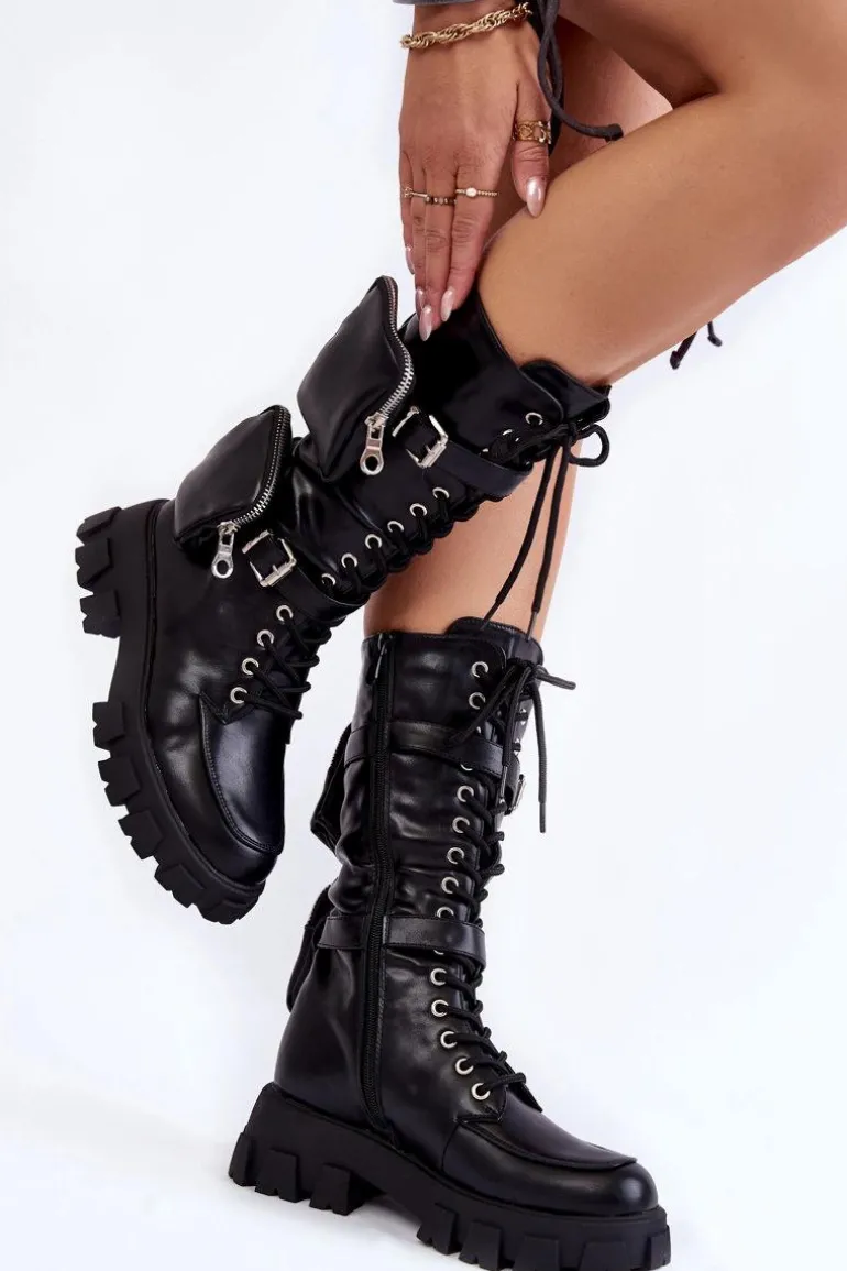 Damskie Kozaki Glany Sznurowane Z Nerkami Czarne Mirrano