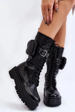 Damskie Kozaki Glany Z Nerką Sznurowane Czarne Lillien