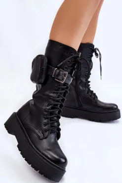Damskie Kozaki Glany Z Nerką Sznurowane Czarne Lillien