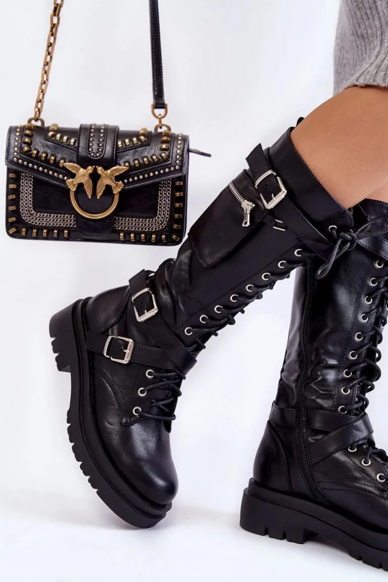 Damskie Kozaki Glany Z Nerką Na Suwak Czarne Joelle