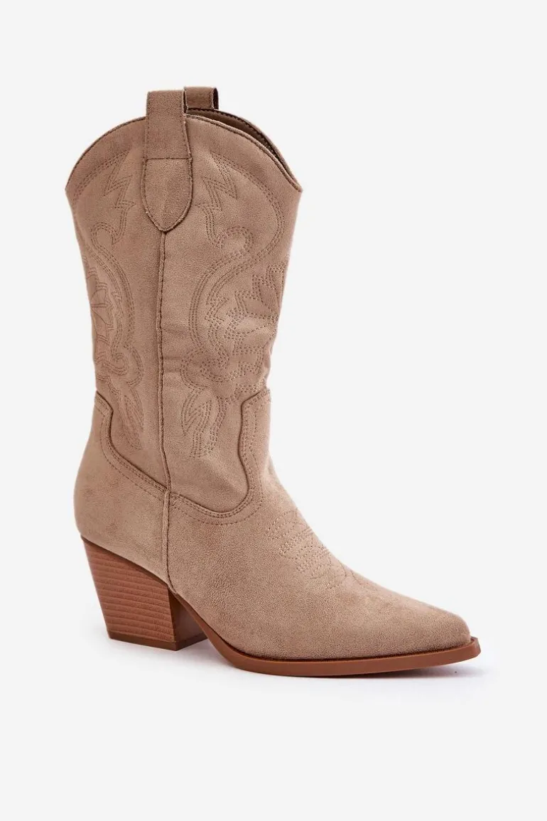 Damskie Kozaki Kowbojki Na Słupku Z Eko Zamszu Beżowe Wendlis