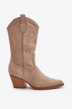 Damskie Kozaki Kowbojki Na Słupku Z Eko Zamszu Beżowe Wendlis