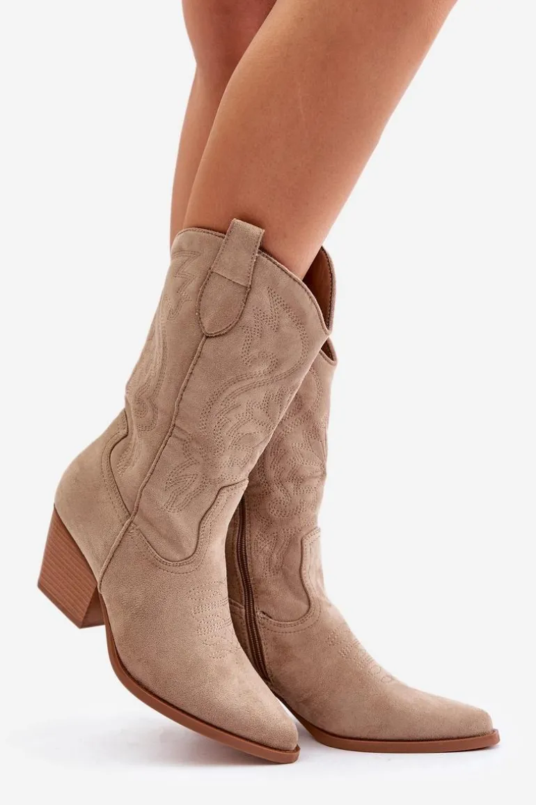 Damskie Kozaki Kowbojki Na Słupku Z Eko Zamszu Beżowe Wendlis