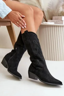 Damskie Kozaki Kowbojki Na Niskim Obcasie Z Eko Zamszu Czarne Ligelia