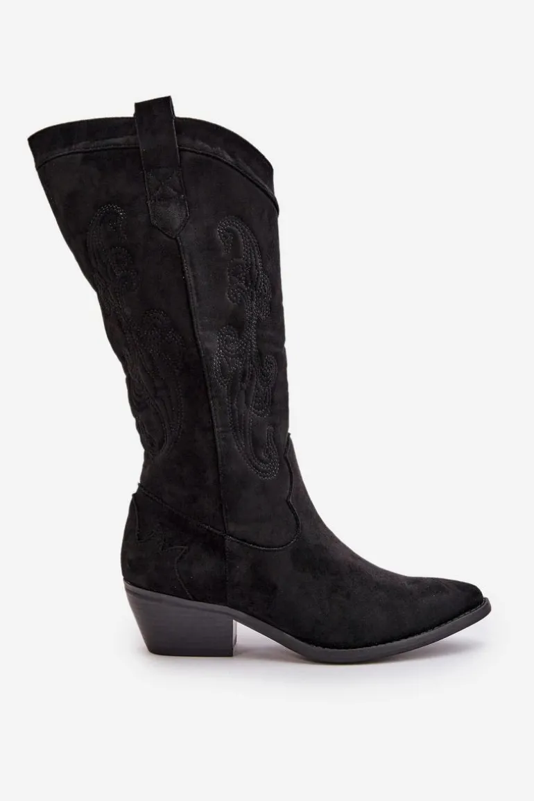 Damskie Kozaki Kowbojki Na Niskim Obcasie Z Eko Zamszu Czarne Ligelia