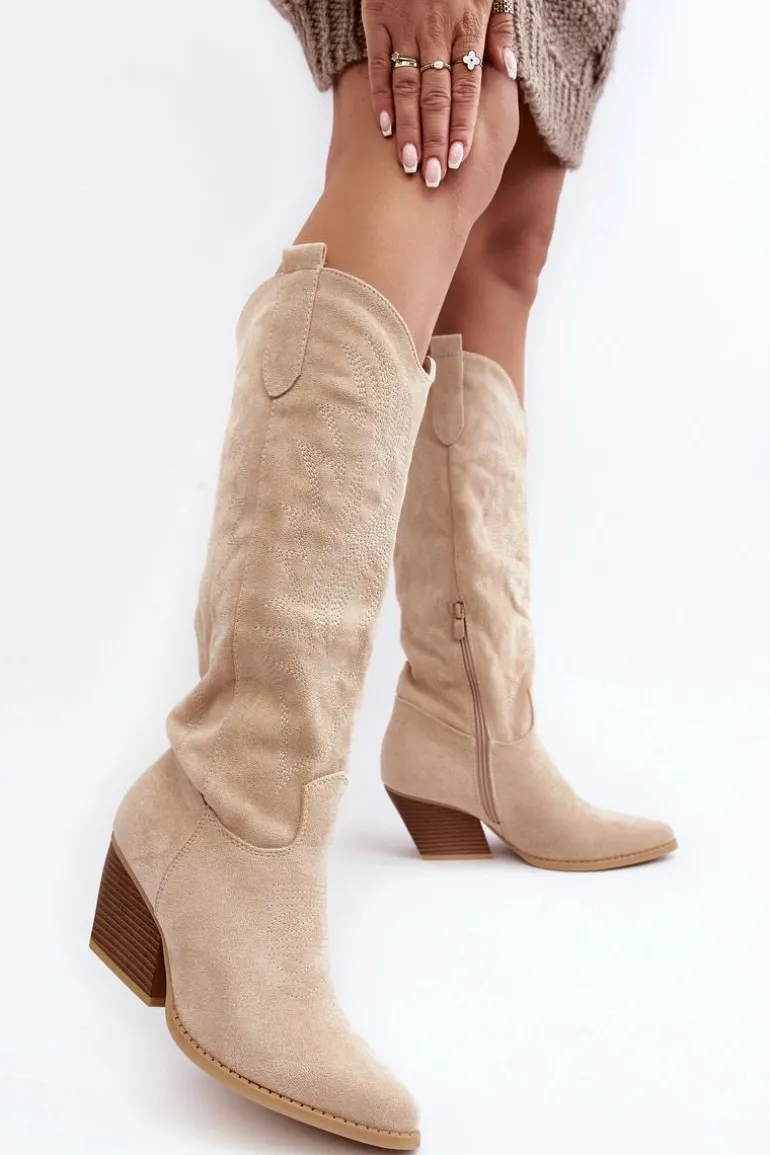 Damskie Kozaki Kowbojki Na Słupku Jasnobeżowe Sloana