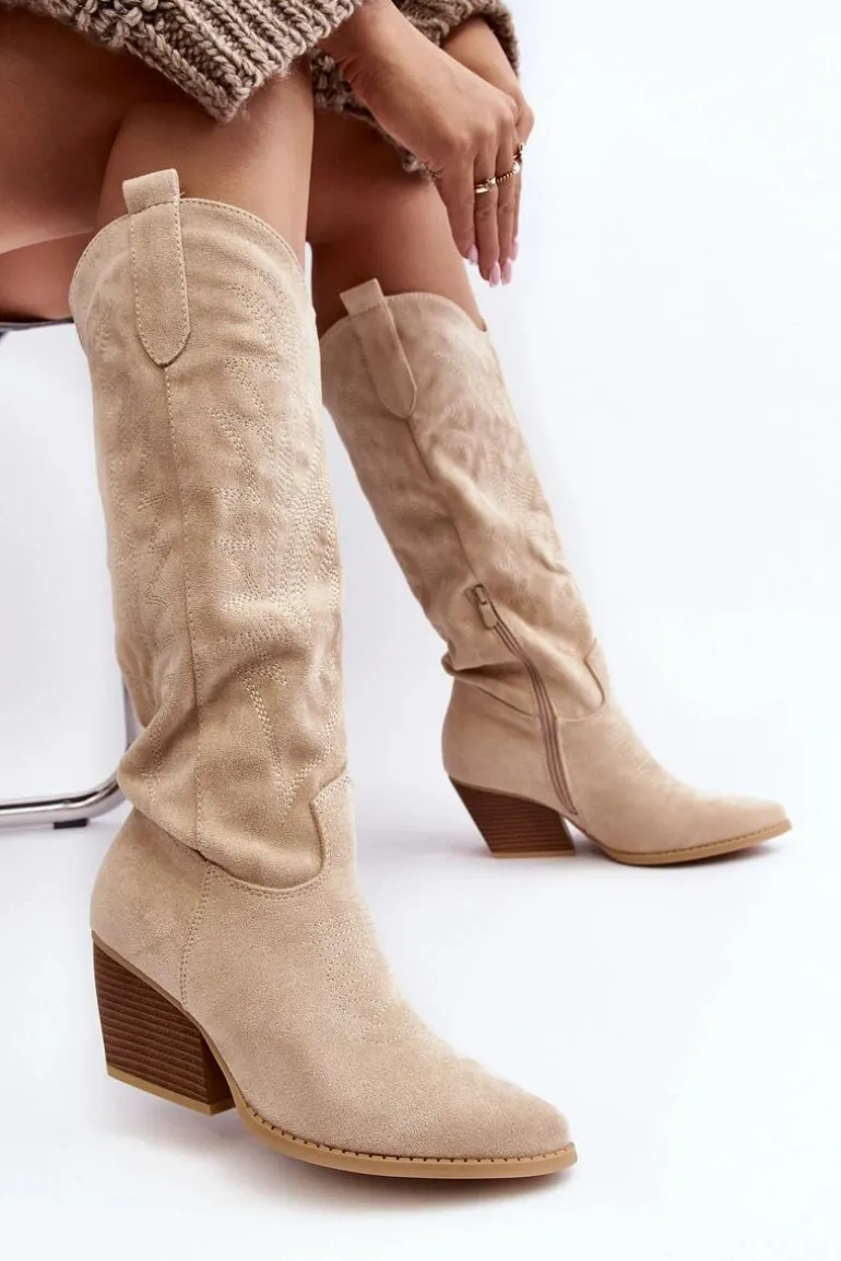 Damskie Kozaki Kowbojki Na Słupku Jasnobeżowe Sloana