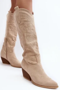 Damskie Kozaki Kowbojki Na Słupku Jasnobeżowe Sloana