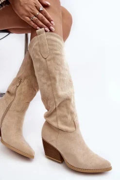 Damskie Kozaki Kowbojki Na Słupku Jasnobeżowe Sloana