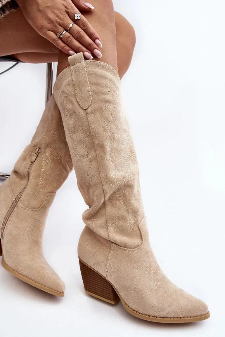 Damskie Kozaki Kowbojki Na Słupku Jasnobeżowe Sloana