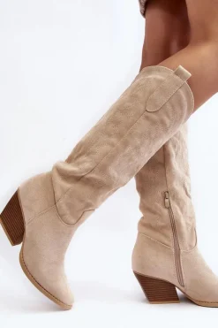 Damskie Kozaki Kowbojki Na Słupku Jasnobeżowe Sloana