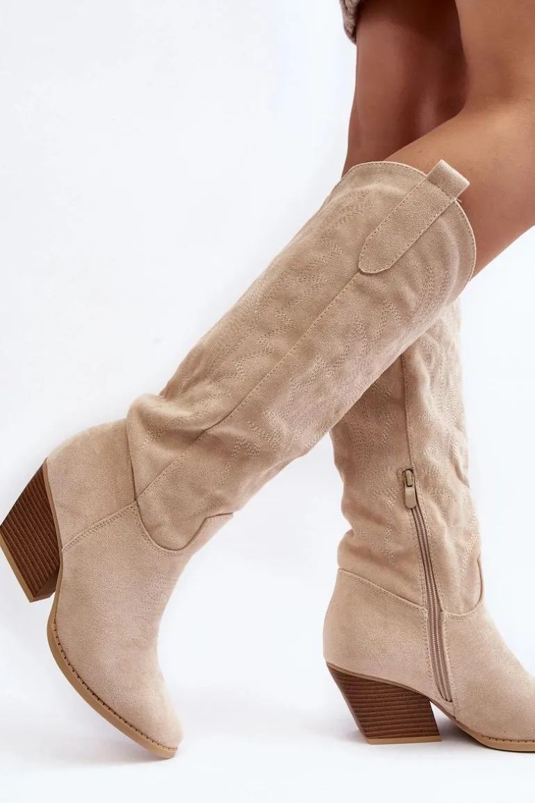 Damskie Kozaki Kowbojki Na Słupku Jasnobeżowe Sloana