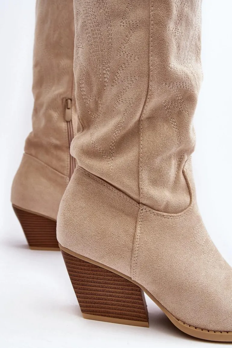 Damskie Kozaki Kowbojki Na Słupku Jasnobeżowe Sloana