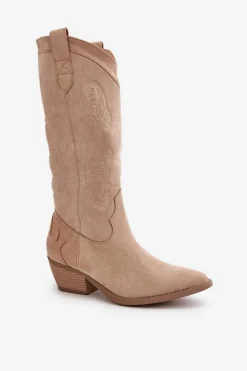 Damskie Kozaki Kowbojki Na Niskim Obcasie Z Eko Zamszu Beżowe Ligelia