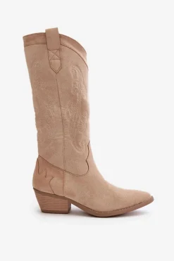 Damskie Kozaki Kowbojki Na Niskim Obcasie Z Eko Zamszu Beżowe Ligelia