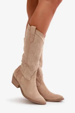 Damskie Kozaki Kowbojki Na Niskim Obcasie Z Eko Zamszu Beżowe Ligelia