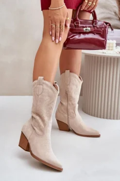 Damskie Kozaki Kowbojki Na Słupku Z Eko Zamszu Jasnobeżowe Wendlis