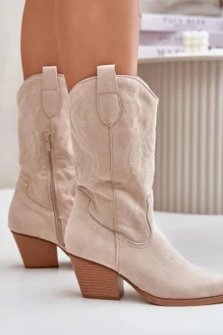 Damskie Kozaki Kowbojki Na Słupku Z Eko Zamszu Jasnobeżowe Wendlis