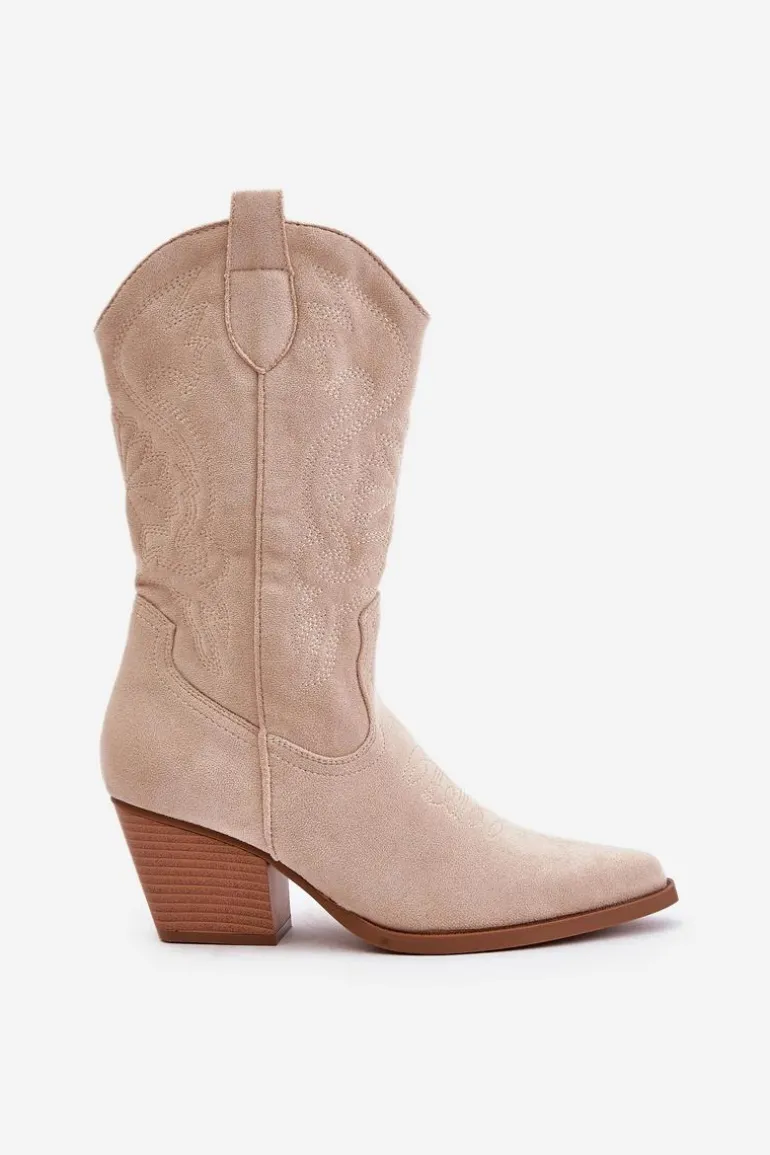 Damskie Kozaki Kowbojki Na Słupku Z Eko Zamszu Jasnobeżowe Wendlis