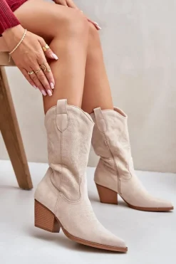 Damskie Kozaki Kowbojki Na Słupku Z Eko Zamszu Jasnobeżowe Wendlis