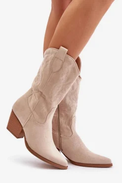 Damskie Kozaki Kowbojki Na Słupku Z Eko Zamszu Jasnobeżowe Wendlis