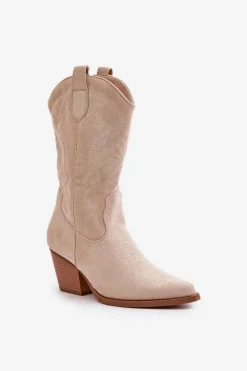 Damskie Kozaki Kowbojki Na Słupku Z Eko Zamszu Jasnobeżowe Wendlis