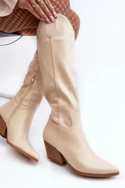Damskie Kozaki Kowbojki Na Obcasie Jasnobeżowe Kaspella