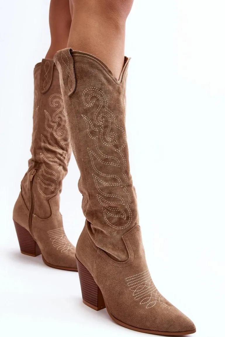 Damskie Kozaki Kowbojki Na Obcasie Beżowe Tomani