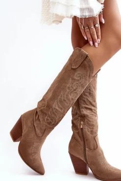 Damskie Kozaki Kowbojki Na Obcasie Beżowe Tomani