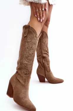 Damskie Kozaki Kowbojki Na Obcasie Beżowe Tomani