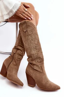 Damskie Kozaki Kowbojki Na Obcasie Beżowe Tomani
