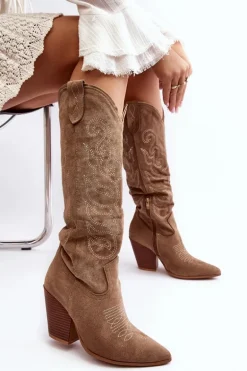 Damskie Kozaki Kowbojki Na Obcasie Beżowe Tomani