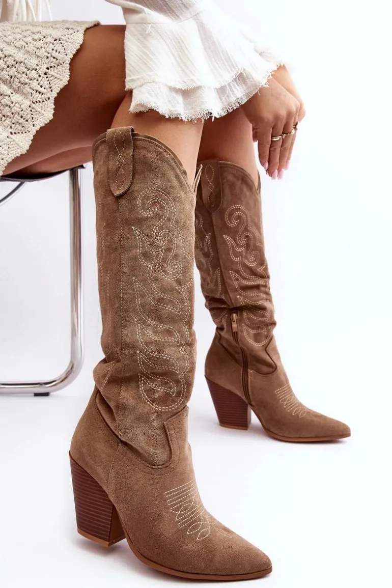 Damskie Kozaki Kowbojki Na Obcasie Beżowe Tomani