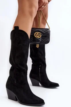 Damskie Kozaki Kowbojki Na Obcasie Przed Kolano Czarne Oppore