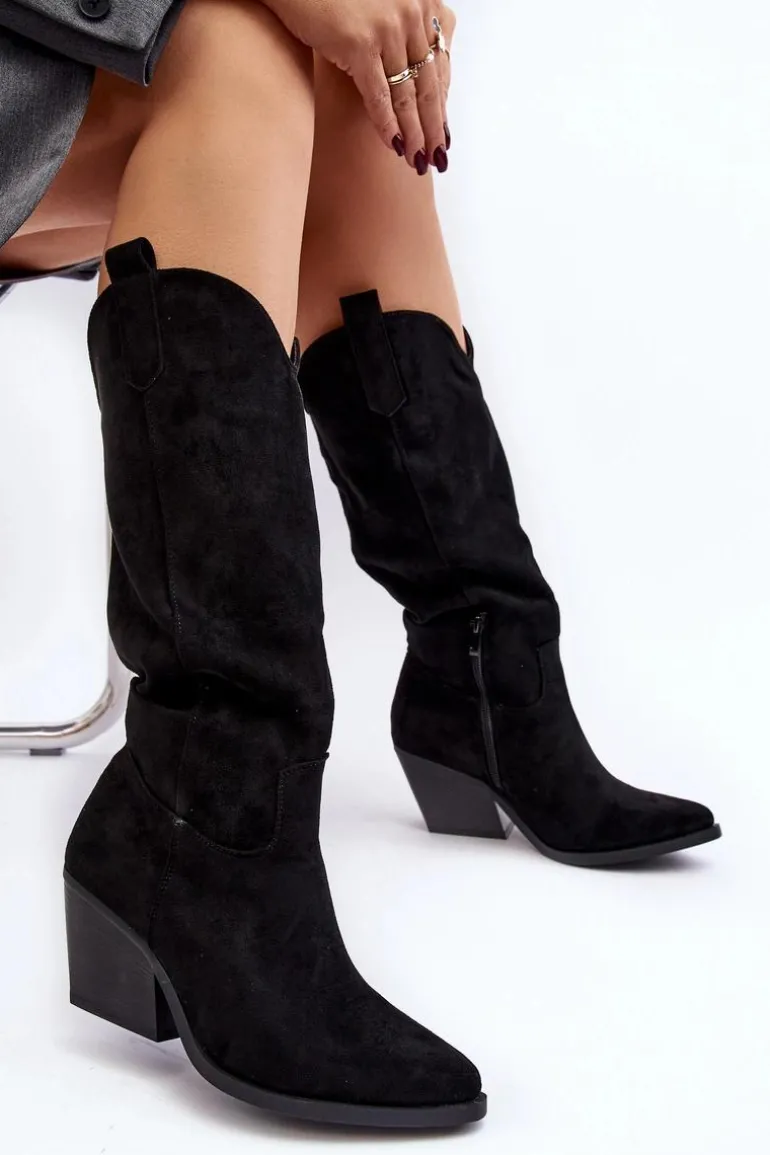 Damskie Kozaki Kowbojki Na Obcasie Przed Kolano Czarne Oppore