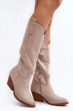 Damskie Kozaki Kowbojki Na Obcasie Przed Kolano Jasnobeżowe Oppore