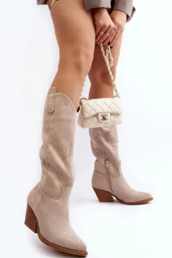 Damskie Kozaki Kowbojki Na Obcasie Przed Kolano Jasnobeżowe Oppore